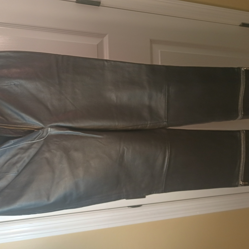 Black Leather Convertible Jeans With White Cintrast Stitching